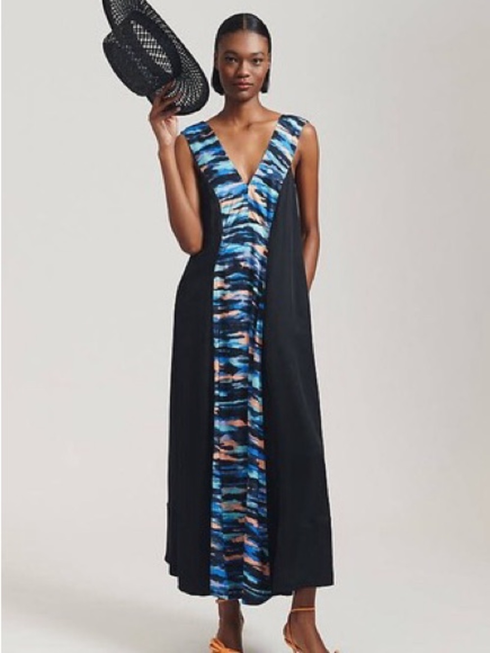 ANTHROPOLOGIE MAEVE V-Neck Sleeveless Black Dress with Blue Pattern Panel Size 6